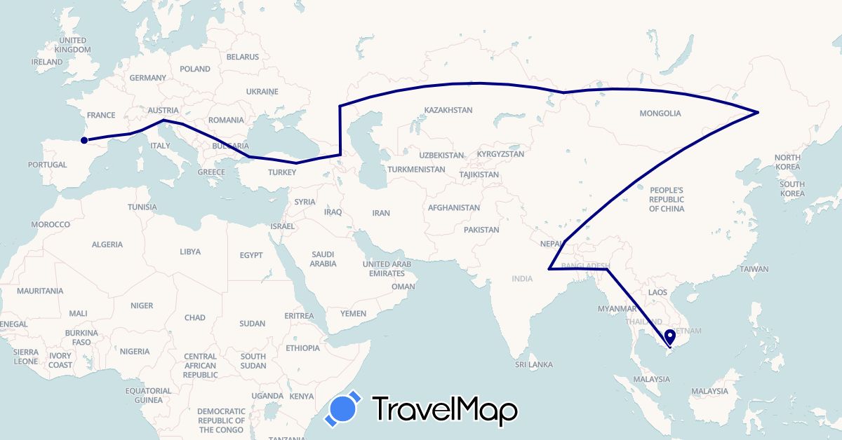 TravelMap itinerary: driving in Azerbaijan, China, France, Croatia, India, Italy, Kazakhstan, Russia, Turkey, Vietnam (Asia, Europe)